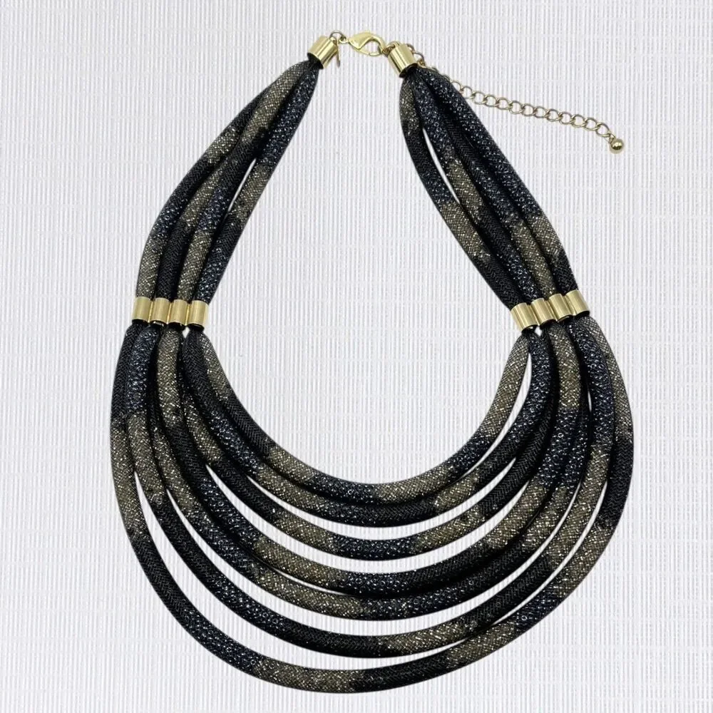 Chicos Chunky Statement Necklace Gold Tone Black Blue Mesh Tube Tiered Layered